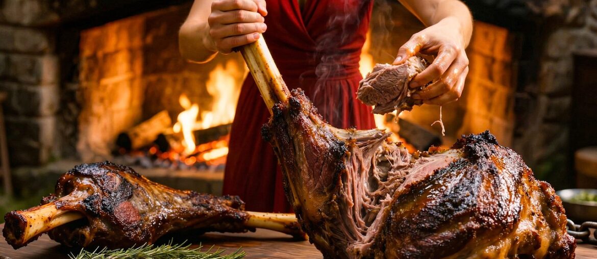 Cooking Lamb in the French Countryside — Deep Fire, Old Stone Hearth and Rustic Tomato Sauce