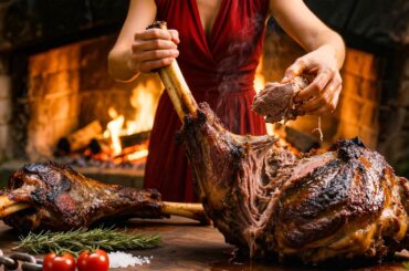 Cooking Lamb in the French Countryside — Deep Fire, Old Stone Hearth and Rustic Tomato Sauce