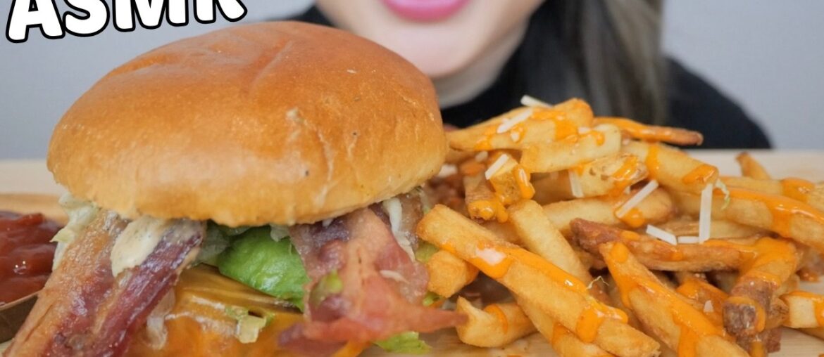 ASMR  Deluxe Gourmet Chicken Cheddar Burger with Buffalo Fries *NO TALKING Eating Sounds | N.E