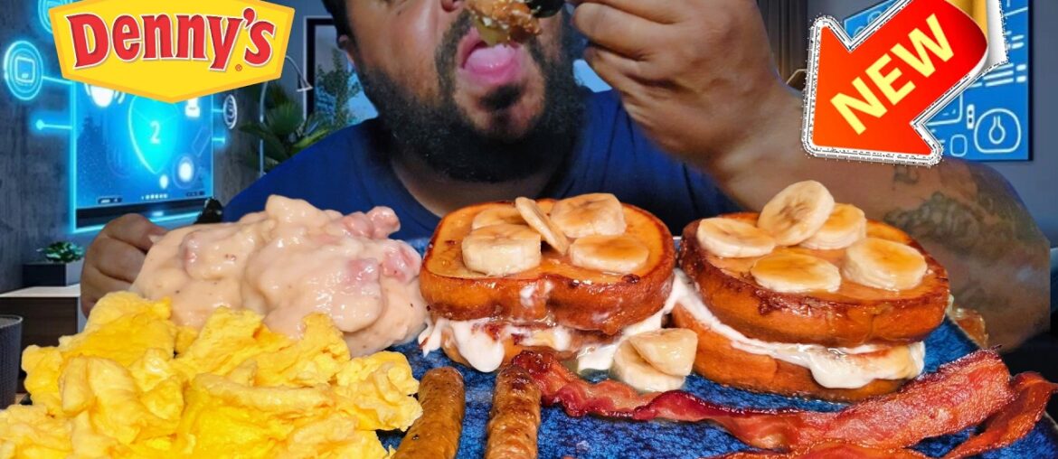 NEW Salted Caramel Banana Stuffed French Toast from Denny’s! 🍌🍯  | Eggs, Bacon & Sausage Feast