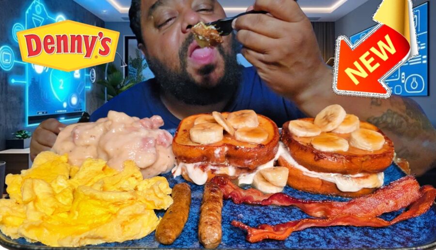 NEW Salted Caramel Banana Stuffed French Toast from Denny’s! 🍌🍯  | Eggs, Bacon & Sausage Feast