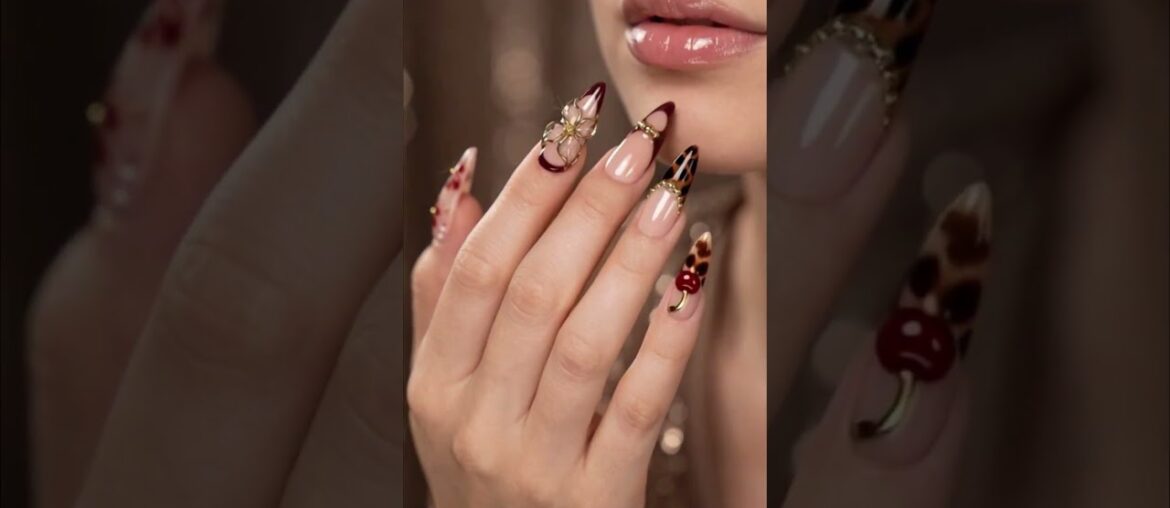 3D Cherry Press On Nails Burgundy Floral, Tortoise Shell French Tip #nailart #naildesign #nailinspo