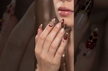 3D Cherry Press On Nails Burgundy Floral, Tortoise Shell French Tip #nailart #naildesign #nailinspo