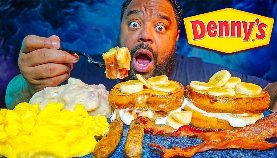 Denny’s NEW Salted Caramel Banana Stuffed French Toast! 🍌🍯 Eggs, Bacon & Sausage Slam