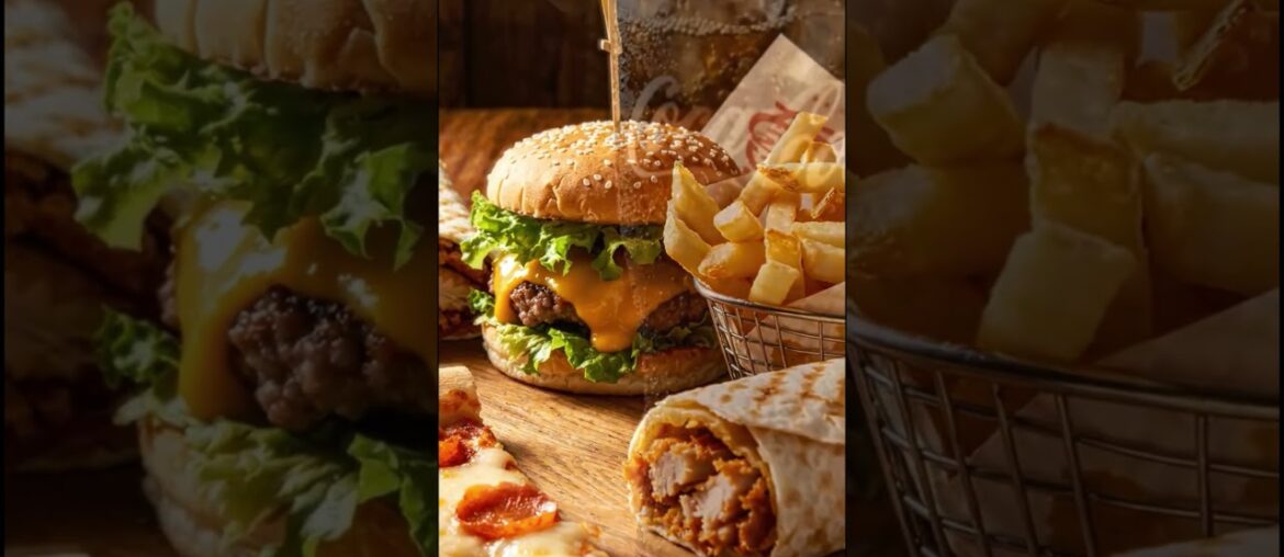 tasty pizza burger french fries and with wrap