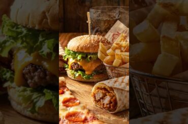 tasty pizza burger french fries and wrap