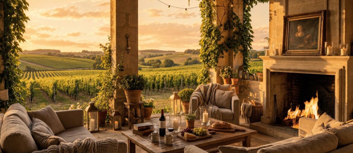 Cozy Bordeaux Vineyard Ambience 🍷 | Golden Hour France, Fireplace & Soft French Jazz (4 Hours)