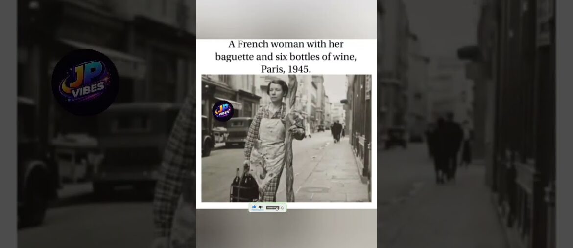 A French woman with her baguette and six bottles of wine, Paris, 1945.