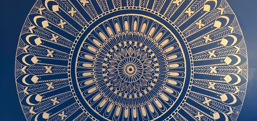 Gold mandala for home meditation room! Designed in process. Nail, string, level, handmade stencils, lots of free hand painting. No digital aid, no projector.