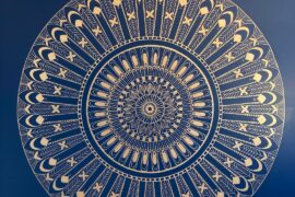 Gold mandala for home meditation room! Designed in process. Nail, string, level, handmade stencils, lots of free hand painting. No digital aid, no projector.