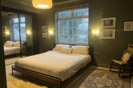 Help needed. Should I add a bedside cabinet, or shelf on the right of the bed and what colour of bedspread would you recommend?