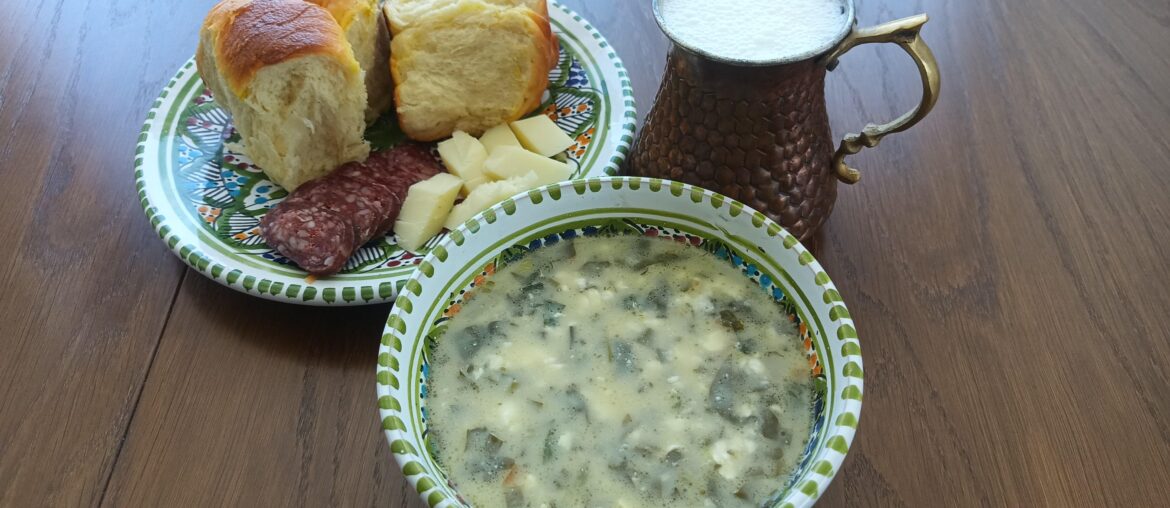 Rumex soup with bread and ayran for lunch