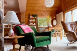 The perfect addition to our room: a turned cherry end table made by my dad in three days.