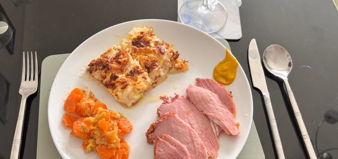 Roast cured gammon, dauphinoise potatoes plus carrots and onions