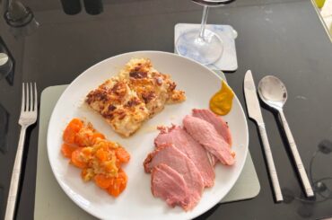 Roast cured gammon, dauphinoise potatoes plus carrots and onions