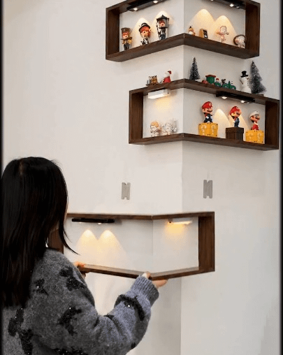 This corner shelf system transforms any empty wall into a stylish display