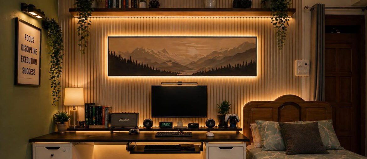 Suggest me some posters or arts for the front wall of my setup as mentioned