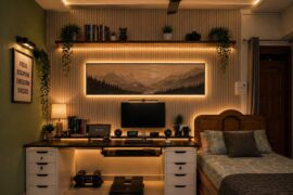 Suggest me some posters or arts for the front wall of my setup as mentioned