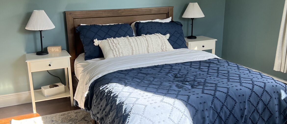 How can I make this guest room better? Thinking of spray painting the bases of the lamps bronze and I think I need different bedding but unsure color/style