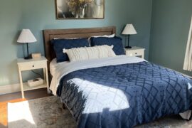 How can I make this guest room better? Thinking of spray painting the bases of the lamps bronze and I think I need different bedding but unsure color/style