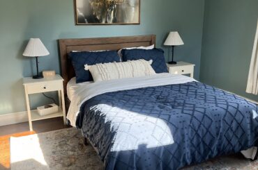 How can I make this guest room better? Thinking of spray painting the bases of the lamps bronze and I think I need different bedding but unsure color/style