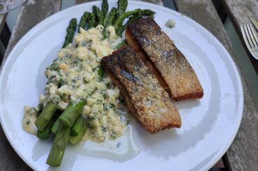 Crispy salmon, asparagus and (failed) salsa bolzanina