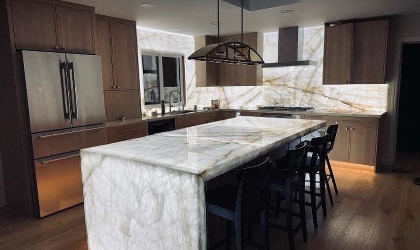 Just completed a fully backlit Cristallo Quartzite kitchen in San Jose, California — countertops, backsplash, and island