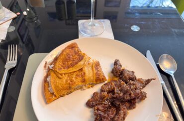 Crispy chilli beef with a version of a rice omelette.