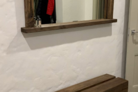 Handcrafted mirror and bench made of solid larch