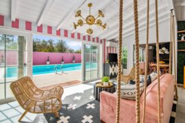 [OC] Indoor/outdoor living in an eclectic pool house I designed, complete with custom indoor rope swings. [4000 x 2670]