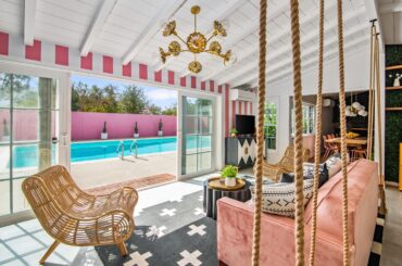 [OC] Indoor/outdoor living in an eclectic pool house I designed, complete with custom indoor rope swings. [4000 x 2670]