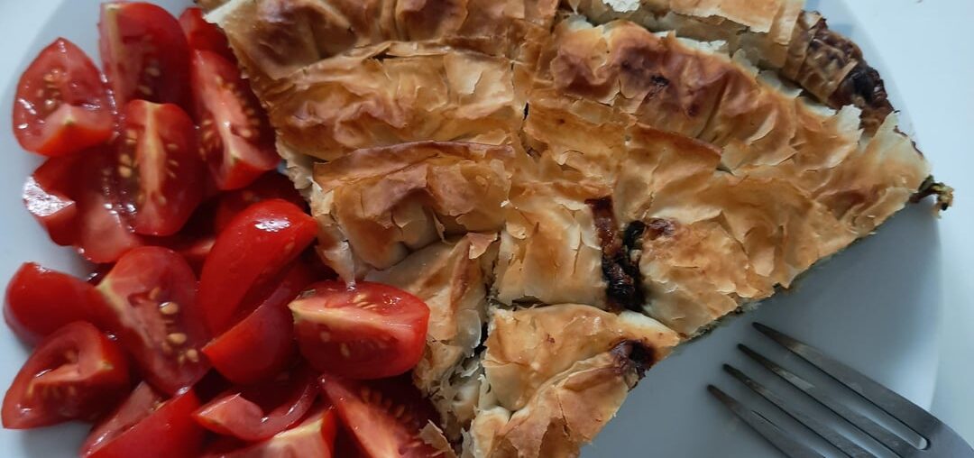 Phyllo pie with cheese, wild garlic and spinach & a dessert in portokalopita style