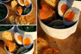 Purée de brocoli, tuiles de parmesan et œufs mollets