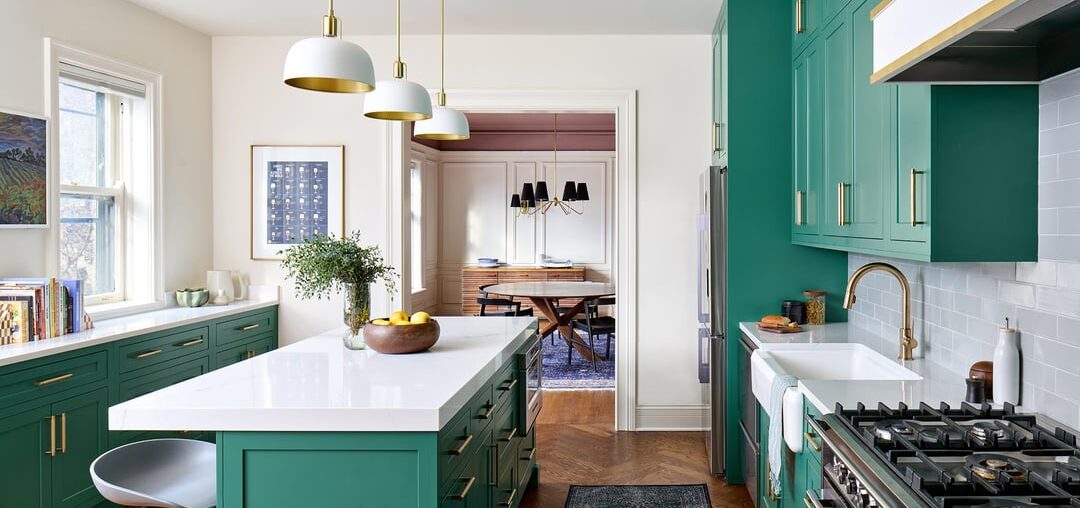 Bold, green cabinets in a Lakeview, Chicago kitchen
