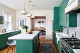 Bold, green cabinets in a Lakeview, Chicago kitchen
