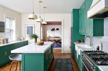 Bold, green cabinets in a Lakeview, Chicago kitchen