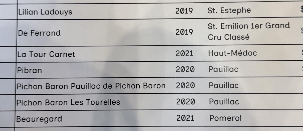 Bordeaux Tasting Event list