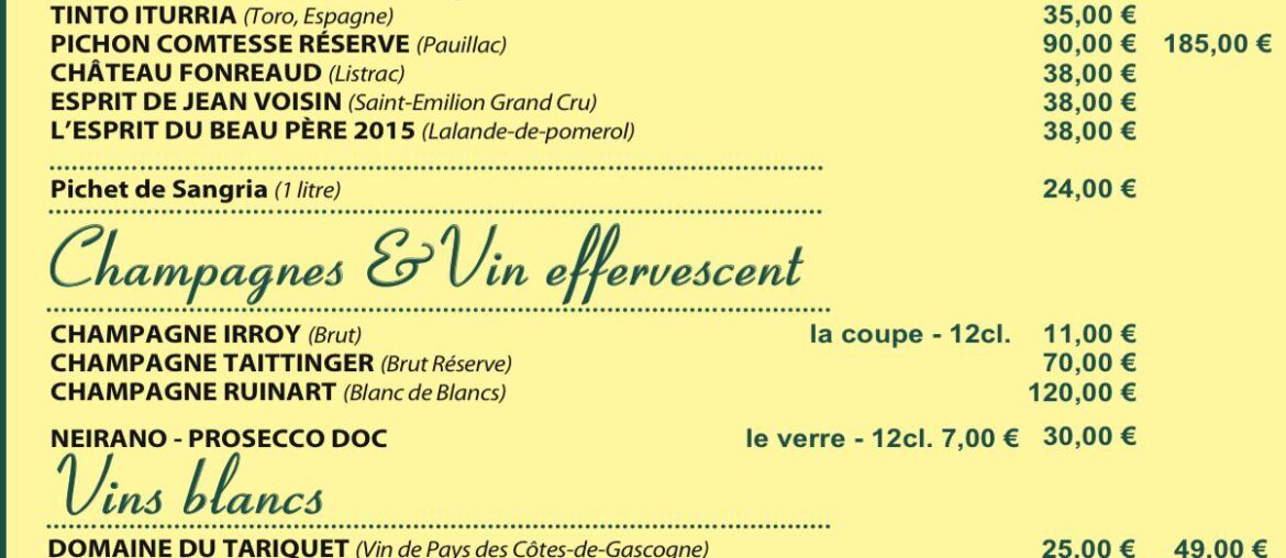 Wine list in France, value for money