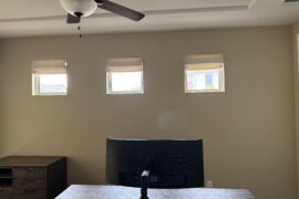 Ideas for office with three small windows behind the desk