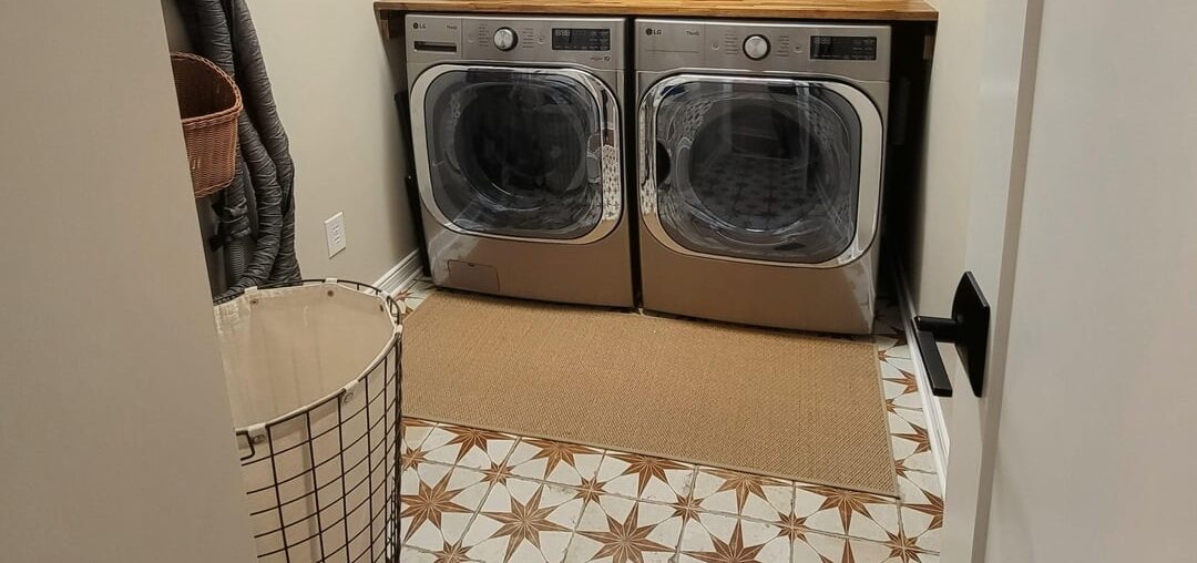 Crazy tiles installed in my laundry room. After, AI mock up & before