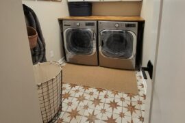 Crazy tiles installed in my laundry room. After, AI mock up & before