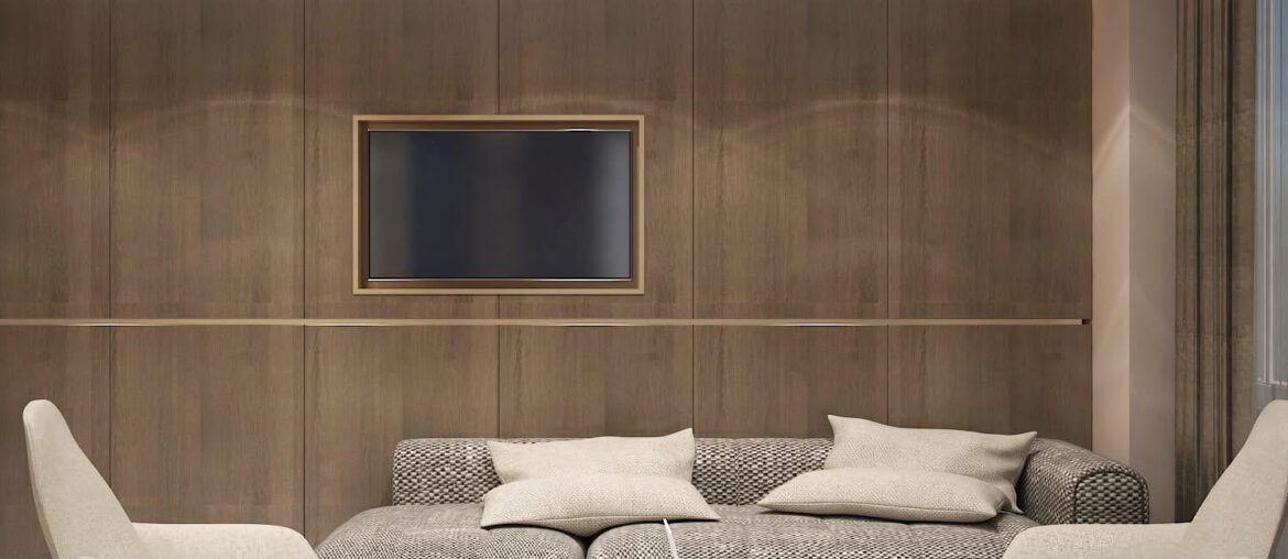 Minimalist living room render — warm wood paneling with marble floors. Thoughts on the TV placement?