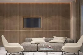 Minimalist living room render — warm wood paneling with marble floors. Thoughts on the TV placement?