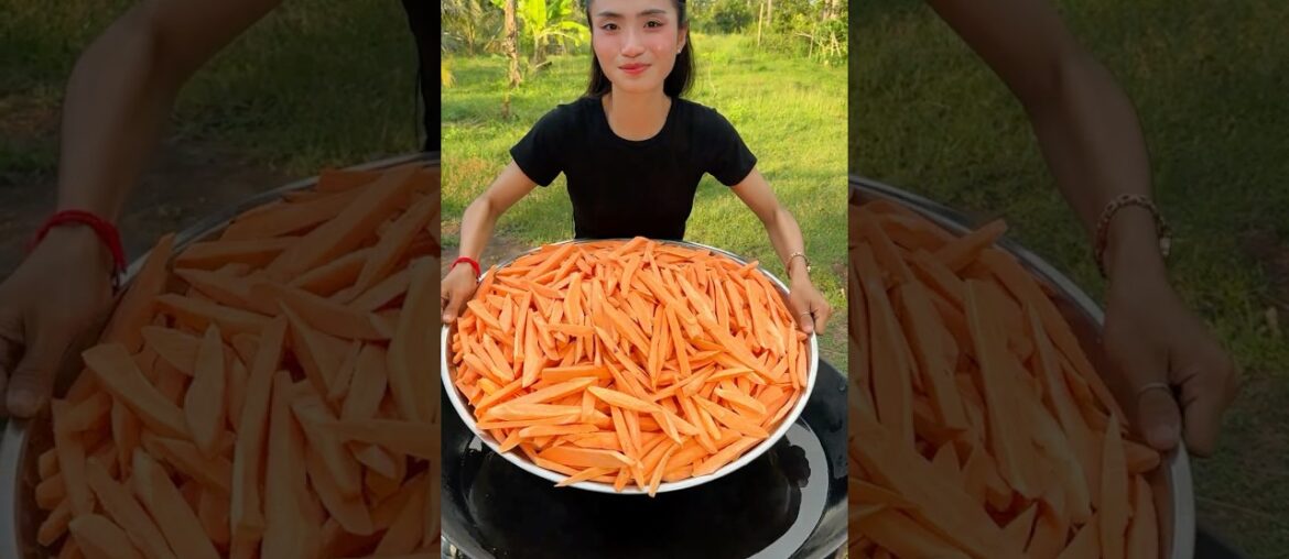 Cooking yummy deep fried sweet potato for french fries recipe