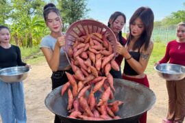 Amazing cooking deep fried sweet potato to make french fries recipe