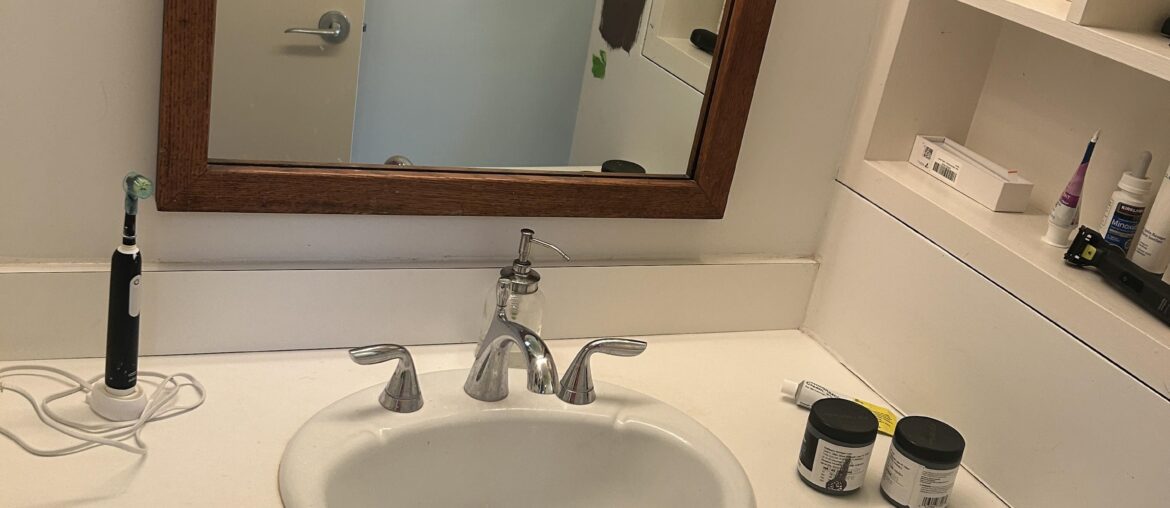 Do a mini facelift for our guest bathroom. Painting the walls, want to replace the sink. Should I go ahead and pull out the whole vanity as well? Can I tile over the vanity? Any other ideas? Not sure what to do to improve the nook on the right as well. Do a mini facelift for our guest bathroom. Painting the walls, want to replace the sink. Should I go ahead and pull out the whole vanity as well? Can I tile over the vanity? Any other ideas? Not sure what to do to improve the nook on the right as well.