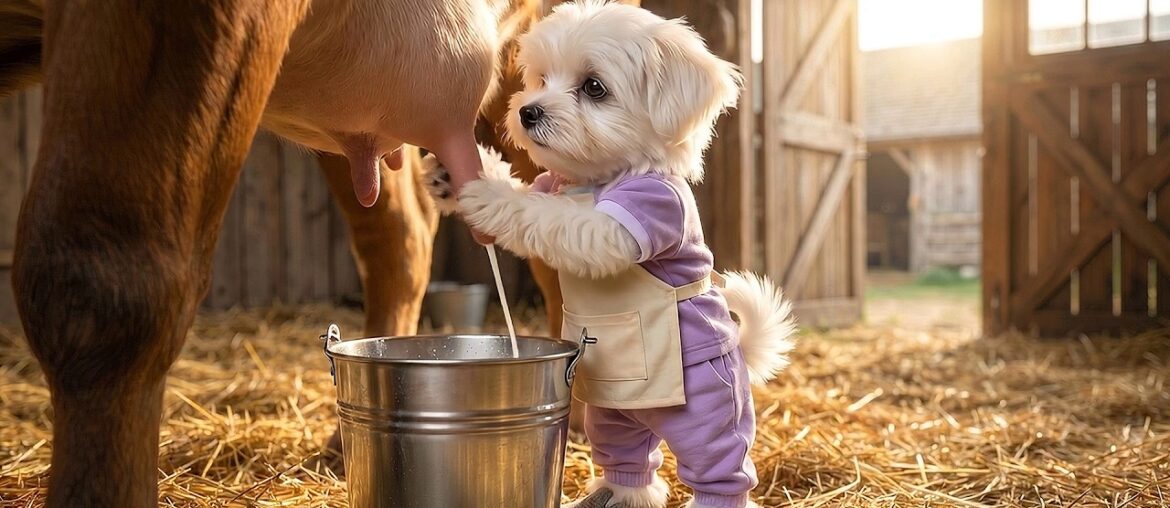 Why Is This Tiny Puppy Milking a Cow? You Won't Believe What He Made!