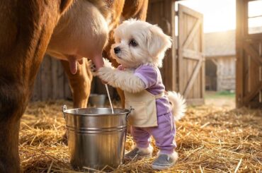 Why Is This Tiny Puppy Milking a Cow? You Won't Believe What He Made!