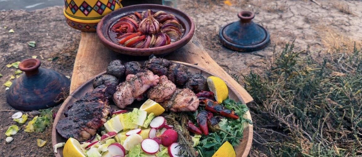 Testicules, rognons et cœur d'agneau grillés au bord de la rivière + Tajine marocain en pot de terre cuite