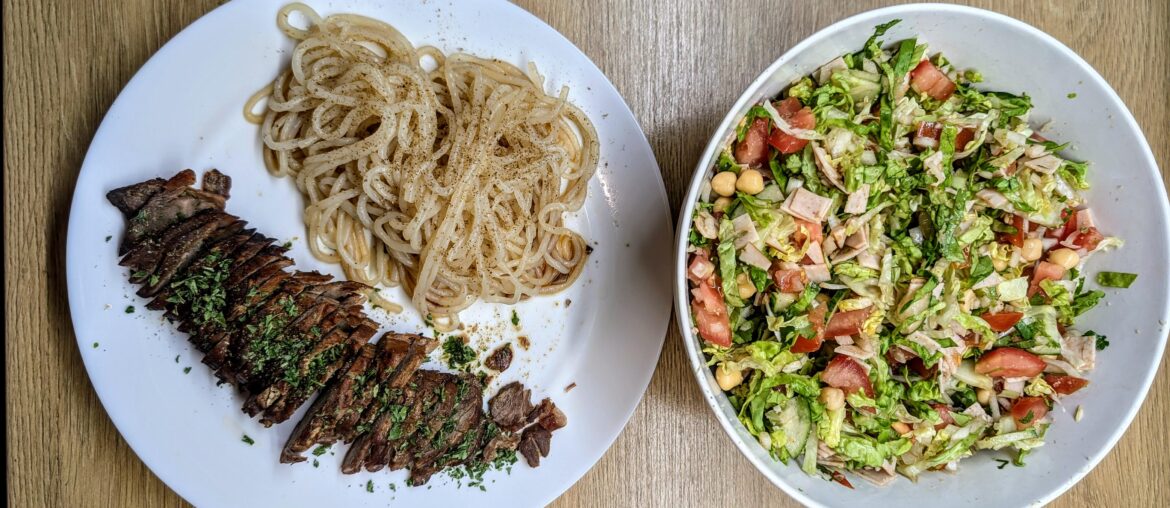 Au menu ce soir : porc char siu auw nouilles de konjac, avec sa salade composée